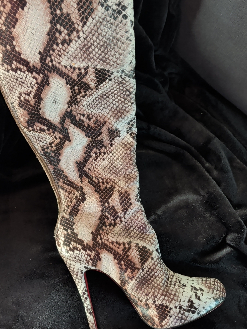 Snake Print High Heel Knee Boot in Beige and Brown